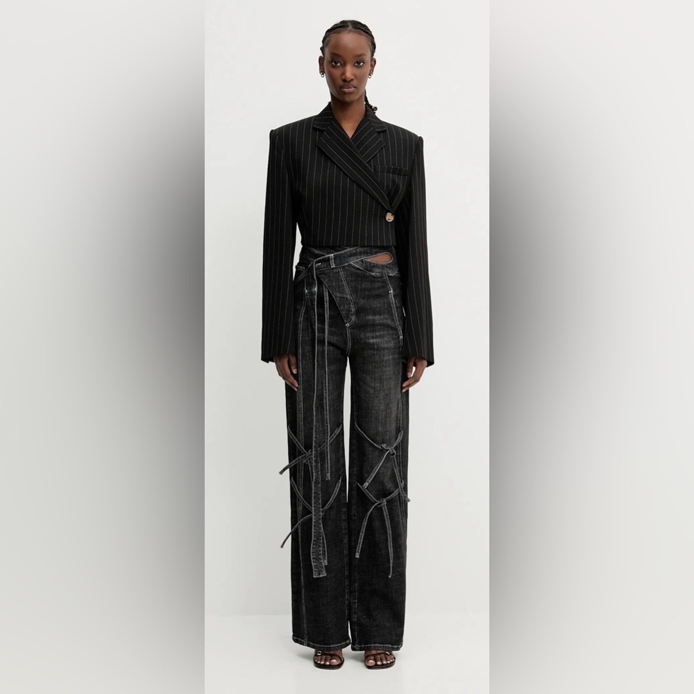 OTTOLINGER Black Strappy Signature Jeans - Avant-Garde Asymmetric Denim. Size L